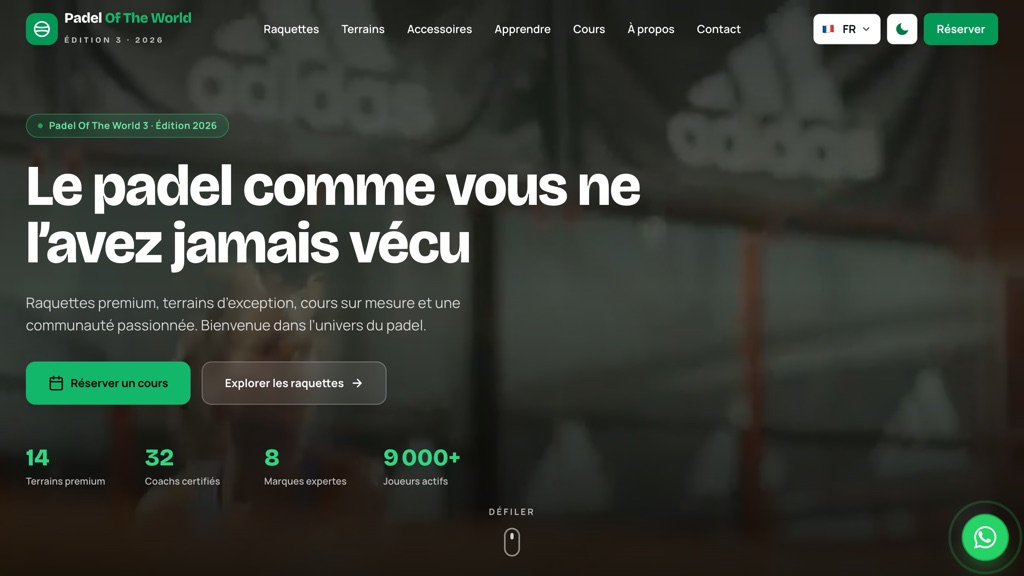 Aperçu du site Padel of the World — univers padel international